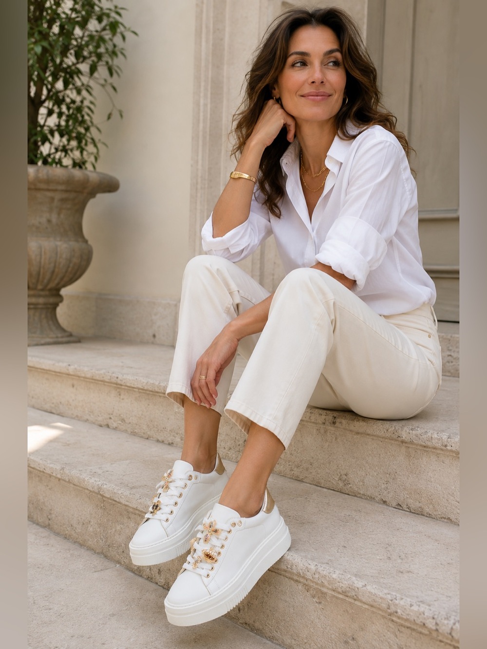 White and Gold Women's Platform Sneakers with Bee Detail